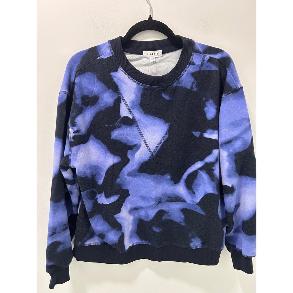 Kinesis Womens Blue Black Abstract Tie Dye Crewneck Cozy Sweatshirt Size Small